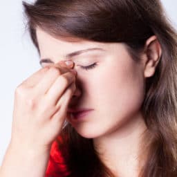 woman holding brim of nose