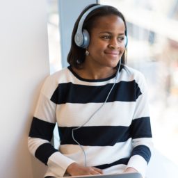 woman with headphones on