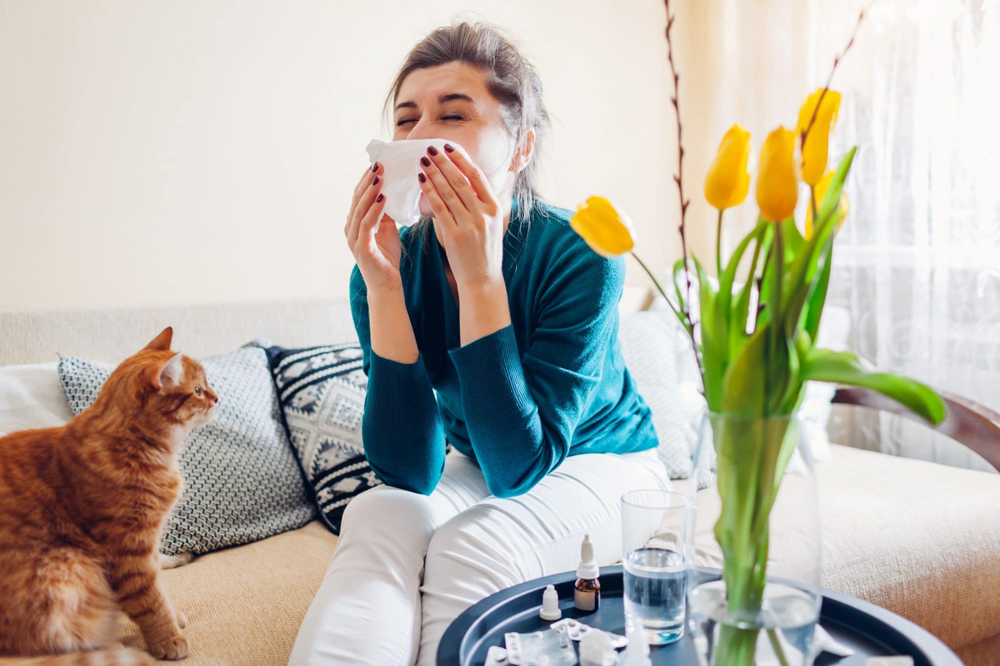 Woman with allergies sneezing next to a cat indoors.