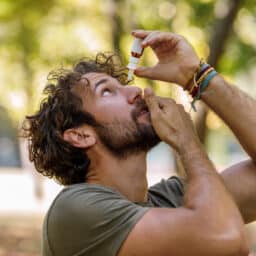 Man puts eyedrops in eye in park