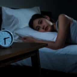 Woman lying awake in bed staring at the alarm clock