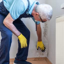 Inspector looking at mold damage on a wall.